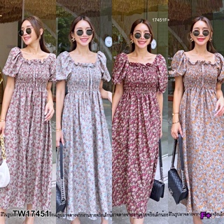 SS17451 เดรส แขนพอง สม็อคอก ลายดอกไม้ Puff sleeve dress with floral print