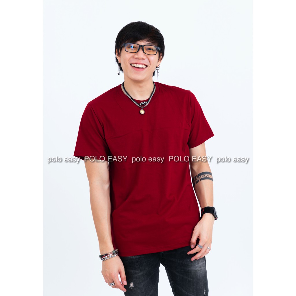 เสื้อยืดแฟชั่น ผู้ชาย T-Shirt Cotton 100% คอกลม แขนสั้น สีเลือดหมู