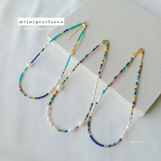 สร้อยแฟชั่น Mixed Bead Necklace ลูกปัดแก้วคริสตัล สร้อยสายฝอ ไข่มุกแท้ ไข่มุกน้ำจืด Boho Style Tinypearlxoxo N1131