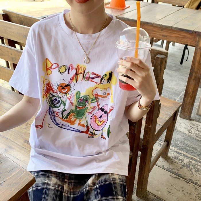 POOHPAND เสื้อยืดหญิงแขนสั้นแบบหลวม ใส่สบาย สไตล์เกาหลี Oversize พิมพ์ลายดิจิตอล BHZ #8804