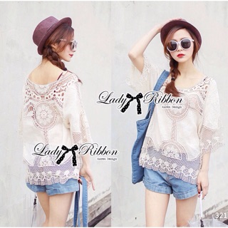 🎀 Lady Ribbons Made 🎀 Lady Lilly Vintage Embroidered Cotton and Crochet Top เสื้อผ้าคอตตอนปักลายต