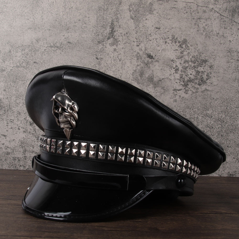 Zhanyiyi Hat gift Cap Cap Hat Leather Cap Police Hat Cosplay Halloween Hat Size M L XXL Black Leather German Officer Sun Visor 
