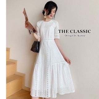 LuxuryDressShop เดรสสีขาว เดรสทรงเรียบร้อยใส่ทำบุญ เดรสยาวแขนสั้นผ้า cotton ฉลุลวดลายปักขอบรอบตัว