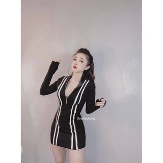 Minidress’ 👗มินิเดรส แขนยาว เข้ารูปพอดีตัว ดีเทลตีแถบหน้า มีซิปด้านหน้ารูดปรับได้เลยจ้าา