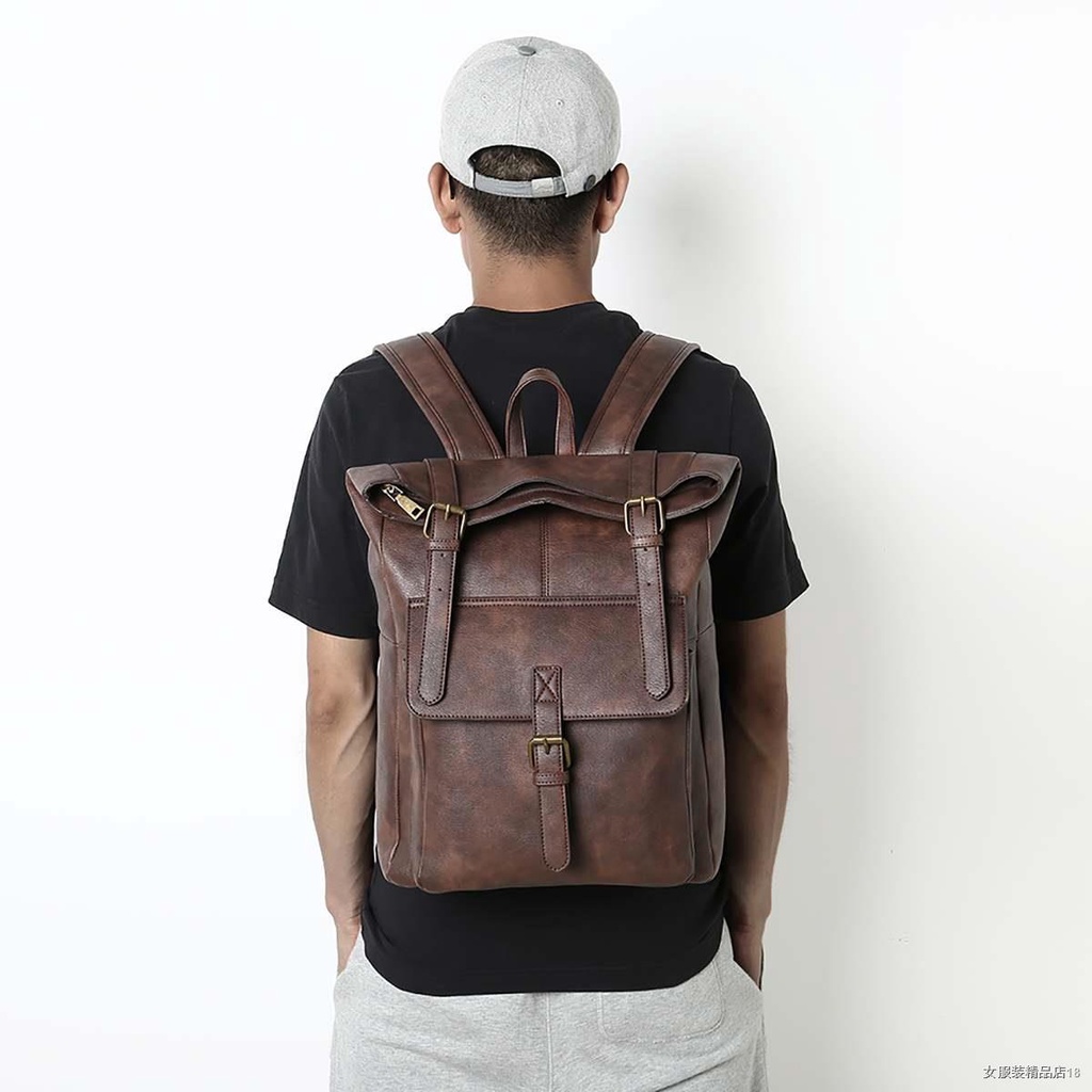 ✖Retro Backpack PU Leather Men Women Shoulder Bag Large Capacity Multi-Pocket Laptop Bags School Bags Outbound Luggage G