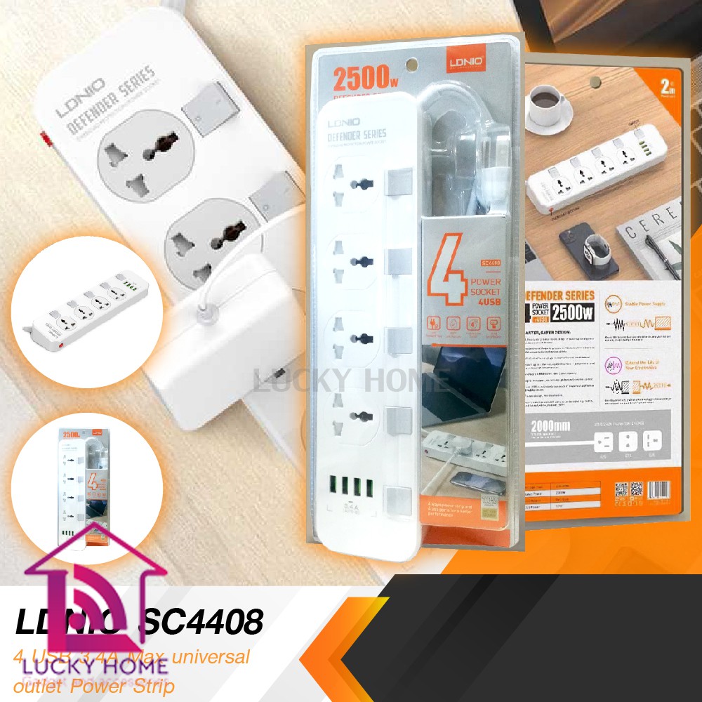 LDNIO SC4408 ปลั๊กไฟ ปลั๊กสามตา 4 ช่อง/USB 4 พอต 2500W (US plug กับ EU plug) ส่งฟรี ความยาว 2 เมตร