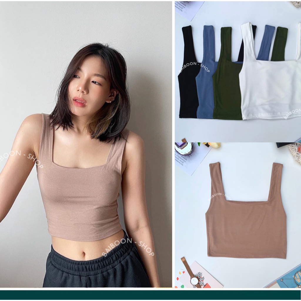 พร้อมส่ง 12สี เสื้อครอปคอเหลี่ยม เสื้อกล้ามครอป ผ้าหนา2ชั้นสายปาร์ตี้ ...