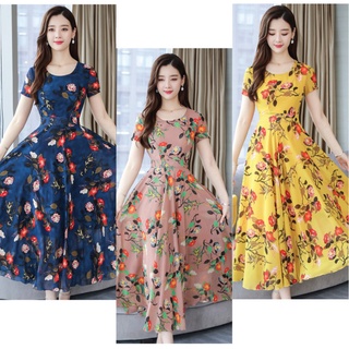 ชุดเดรสยาว แต่งลายดอก กระโปรงยาวผ้าชีฟอง รุ่นCQ-502 แนวสวยหว…