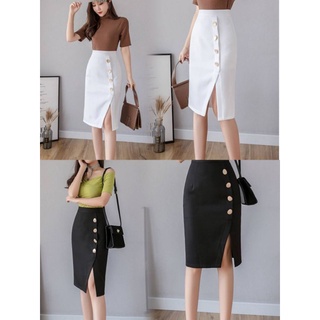 กระโปรงทรงสอบผ่าหน้ามีขอบติดกระดุม (SS-3XL)พร้อมส่ง