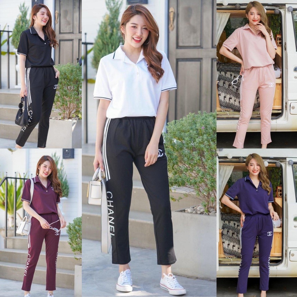 Code no:2007014214-Manta ชุดเซทผ้ายืด Chanel ตัวเสื้อเปนคอโปโลดูเท่สปอร์ต ตัวหนังสือชาแนลเปนงานปักแบบแน่นๆสวยหรูดูแพง