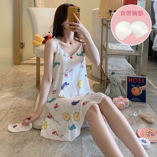 Nightdress + Chest Pad New Women Sleepwear ใหม่ ชุดนอนผ้าไหม เซ็กซี่ สำหรับผู้หญิง Sexy cotton pamajas