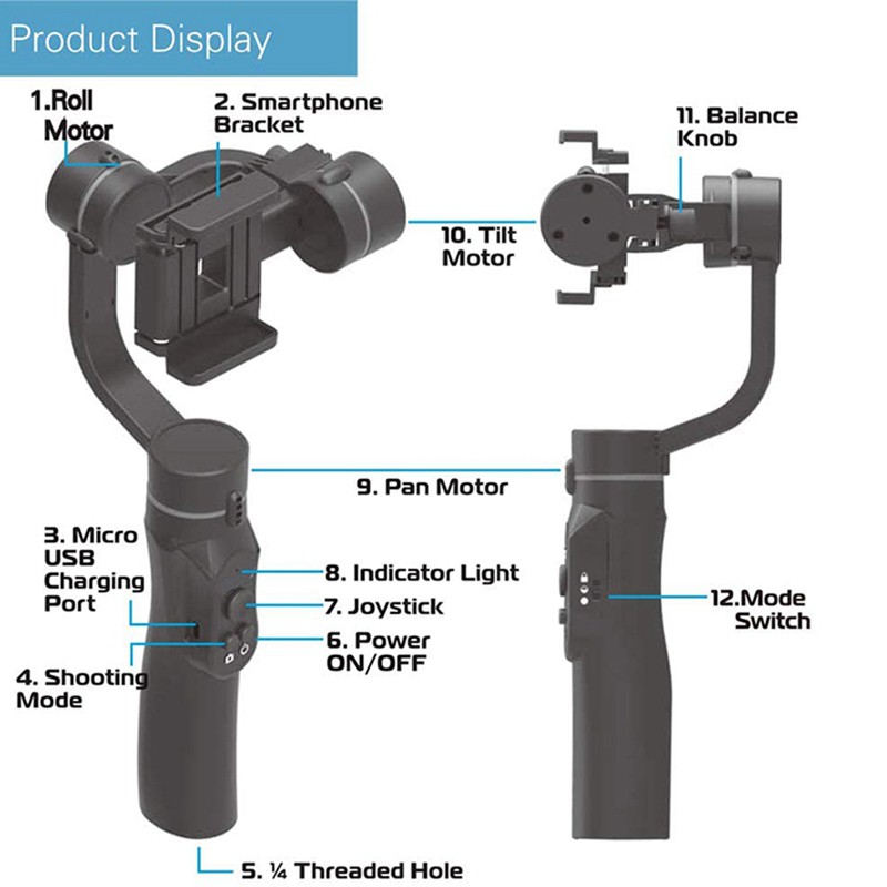 H2 3 Axis Handheld Gimbal USB Charging Video Record Universal ...