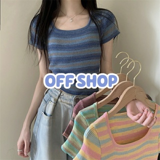 OFF SHOP พร้อมส่ง (OFF-7262)  เสื้อไหมพรมแขนสั้น คอกลม ลายทางน่ารักสรพาสเทลคิ้วๆมาก