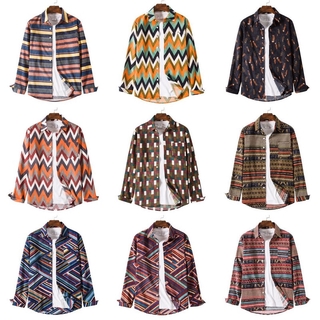 M-5XL Spring and autumn corduroy shirt collar long sleeve ethnic style all-match shirt