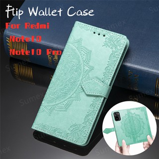 กระเป๋าสตางค์หนังมันดาลาเคสโทรศัพท์สำหรับ XIAOMI Redmi Note10 Note10s Note 10 s 10s pro 10pro Note10pro 5G ยืนเคสสีทึบพร้อมสายรัดข้อมือ