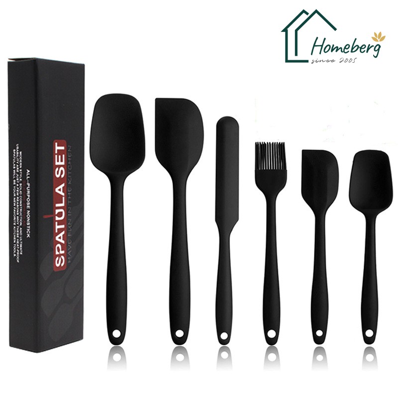 HOMEBERG 6ชิ้น ไม้พาย สีดำ ไม้พายซิลิโคน แปรงทาเนย ไม้พายทำขนม ไม้พายทำอาหาร ไม้พายเบเกอรี่ ทนความร้อนสูง เกรดอาหาร