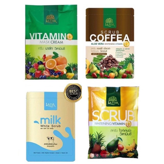 10 ซอง มาร์ค & สครับ Lada Vitamin C & Lada Scrub  & มาร์คมะพร้าว  มาร์ควิตามินซี LADA มาส์กลดา