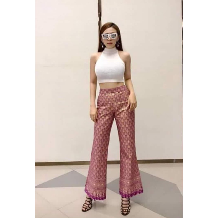 กางเกงขาม้าผ้าพิมพ์ทอง ผ้าเงาสวย