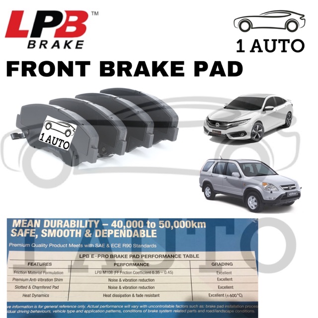 LPB e-PRO SEMI METALLIC ผ้าเบรคหน้า HONDA CRV RD5 2.0 S9A CIVIC FC 1.5 VTEC TURBO 1.8 i-VTEC FE1 1.5