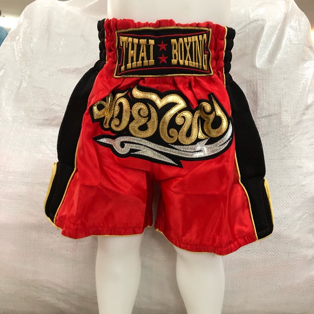 ถุงมือฟิตเนส ผ้าพันมือ EVERLAST กางเกงมวย กางเกงมวยไทย ของเด็ก ผ้าซาติน ปักอักษรสีทอง (Thai boxing)