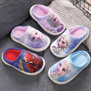 Elsa/Spider-Man พ่อแม่และลูก เด็ก รองเท้าผ้าฝ้าย ฤดูหนาว การ์ตูน ลื่น บ้าน รองเท้าแตะ