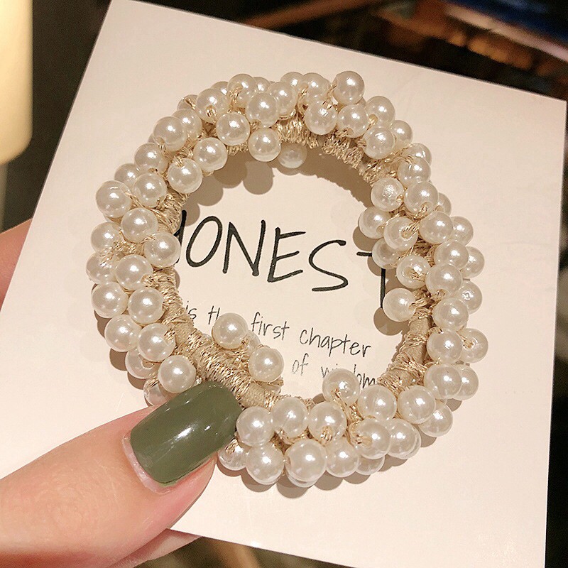 (พร้อมจัดส่งไทย) ยางรัดผมประดับไข่มุกสีทองหรูหรา Pearl รูปที่ 7