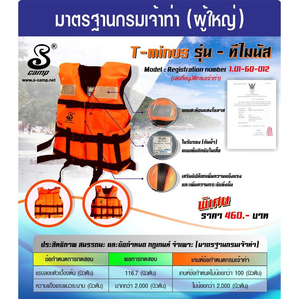 เสื้อชูชีพมาตรฐานกรมเจ้าท่ารุ่นที-ไมนัสแบบไม่มีปกคอ แบบมีซิป(100N)เป็นขนาดฟรีไซส์ผู้ใหญ่มีนกหวีดแถบสะท้อนแสงและสายรั้งขา
