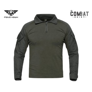 เสื้อคอมแบทเชิ้ต ( Combat shirt ) เนื้อผ้ามีส่วนผสมของ Spendex ยืดได้ มีแผ่น Velcro ตีนตุ๊กแก ทั้งสองข้างแขน สีเขียว