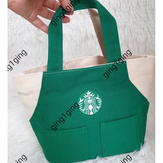 (ส่งฟรีEMS พร้อมส่งในไทย) Starbucks สตาร์บัค กระเป๋าถือคล้องแขน ผ้าป่าน ลายผ้ากันเปื้อนเขียว น่ารักมาก (ของแท้)