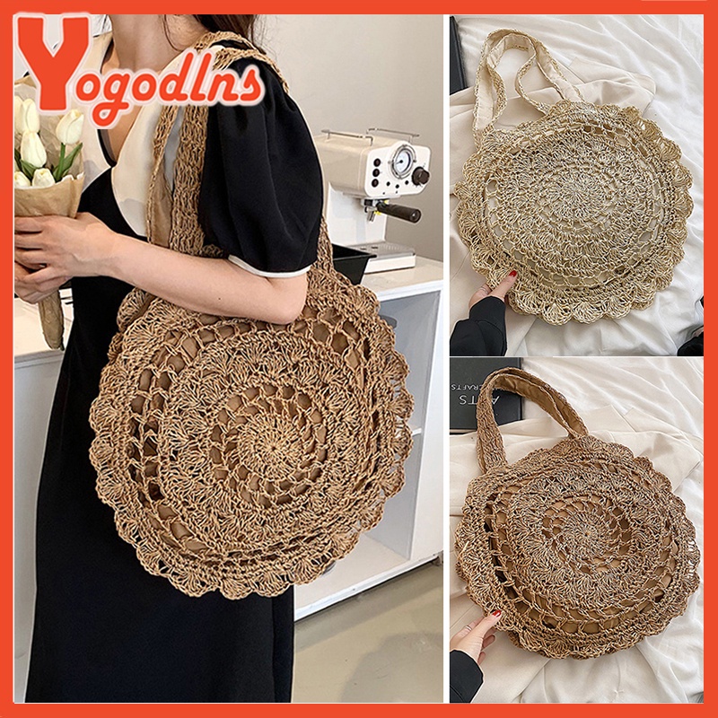 Yogodlns ถักกระเป๋าฟางชายหาดวงกลม Handmade Sunflower Bohemian Casual Seaside กระเป๋าถือ