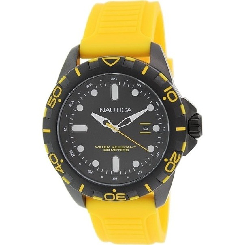 Nautica นาฬิกาข้อมือชาย Analog Display Watch with Black Case and Yellow Band  N11617G