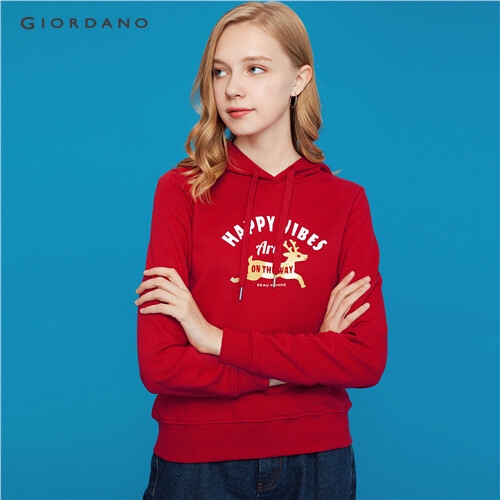 GIORDANO WOMEN Printed fleece-lined hoodie 13399709