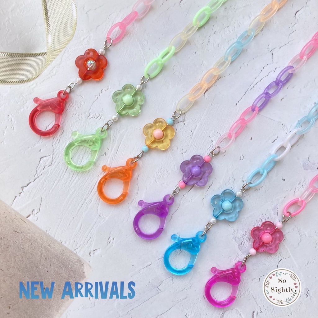 New สายคล้องแมส ใส่ชื่อได้ แต่งดอกไม้พาสเทล สายโซ่ สีพาสเทล  โซ่คล้องแมส สายคล้องแมสผู้ใหญ่ สายคล้องแมสเด็ก
