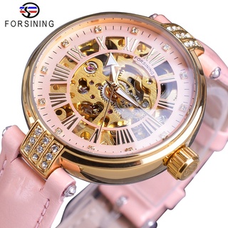 Forsining Transparent Pink Lady Diamond Display Women Skeleton Automatic Mechanical Wrist Watches Top Brand Luxury Clock