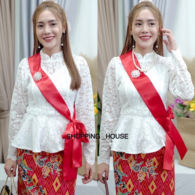 เสื้อลูกไม้แขนยาวจั๊มเอวคอจีนทรงสุภาพเรียบๆดูดี