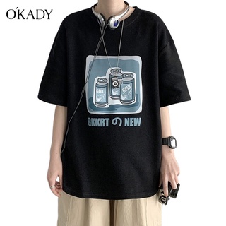 OKADY เสื้อยืดแขนสั้นผู้ชายฤดูร้อนหลวมเทรนด์การพิมพ์ที่ดูดซับเหงื่อและระบายอากาศ