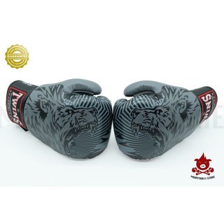 นวมชกมวย TWINS SPECIAL BOXING GLOVES FANCY FBGV-50 Wolf Pattern Grey Color นวมต่อยมวย หนังแท้ ลายหมาป่า สีเทา