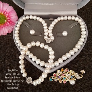 [SW_M176] ชุดเครื่องประดับไข่มุกแท้สีขาว 8-9m พร้อมเข็มกลัดไข่มุกแท้