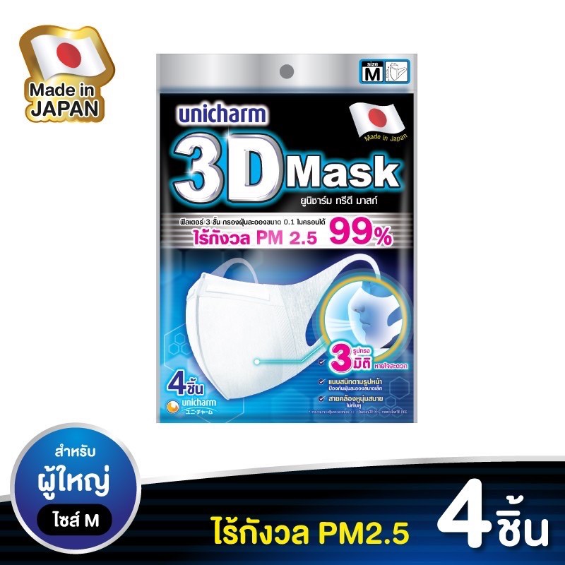 พร้อมส่ง หน้ากากอนามัย UNICHARM 3D MASK ป้องกันฝุ่น PM 2.5 ขนาด M 4 ชิ้น (แท้)