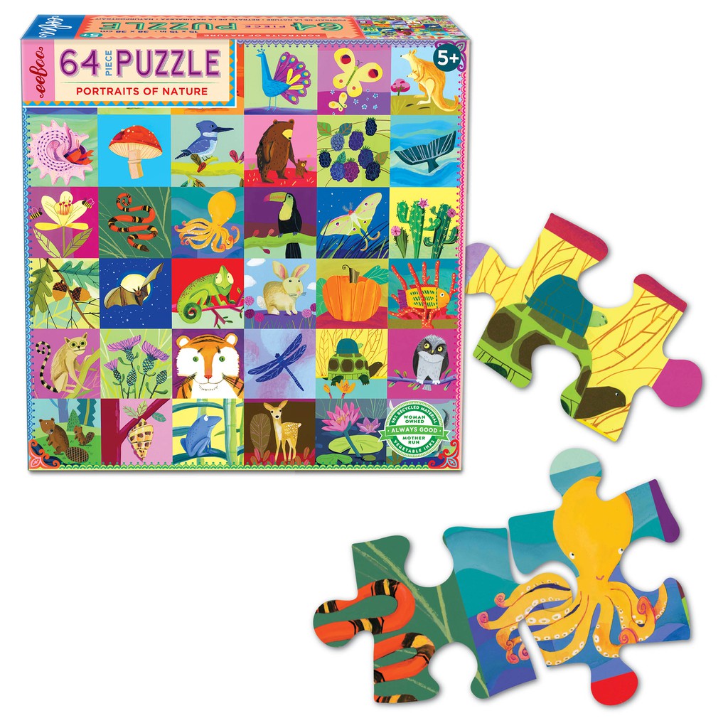eeboo Portraits of Nature 64 Piece Puzzle - จิ๊กซอว์รูปพืชและสัตว์ชนิดต่าง ๆ แบบ 64 ชิ้น