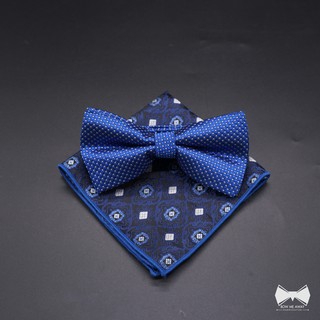 เซ็ทหูกระต่ายน้ำเงินลายจุด + ผ้าเช็ดหน้าสูทวูล-Blue Bowtie + Wool Pocket square