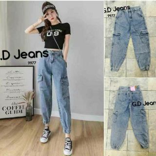 G.D.Jeans รุ่น 9977 #กางเกงยีนส์ผ้าด้านทรงกระบอกใหญ่ปลายขาติดยางยืดเล่นกระเป๋าข้างแบบเก๋ๆ 💦💦