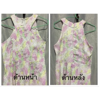 เดรสสั้น เว้าไหล่ ลายกุหลาบโทนวินเทจ