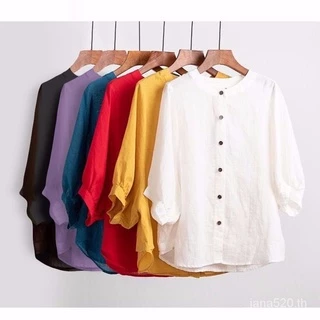 เสื้อเชิ้ตสตรีผ้าฝ้ายและผ้าลินินแขนแลนเทิร์นทรงหลวมขนาดใหญ่ Retro