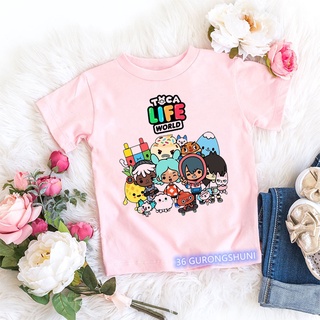 Kawaii เสื้อยืดพิมพ์ลายการ์ตูน Toca World Video Game แฟชั่นฤดูร้อนสําหรับเด็กผู้หญิงสีชมพู