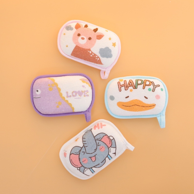 พร้อมส่ง ฟองน้ำ หุ้มผ้าขนหนู นุ่ม อ่อนโยนต่อผิวเด็ก อาบน้ำเด็ก ลายการ์ตูน น่ารัก babywell