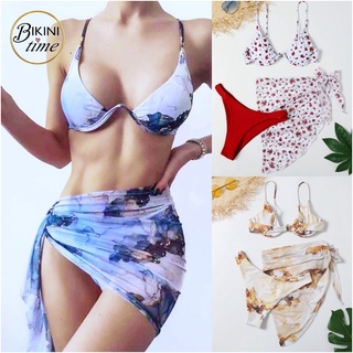 🏖BikiniTime (S,M,L) SB183 มี4สี บิกินี่ ชุดว่ายน้ำทูพีซลายหินอ่อน พร้อมผ้าผูกเอว บรามีฟองน้ำเสริม ชุดเที่ยวทะเล