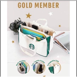 กระเป๋า starbucks gold reward  ขนาด 39(W) x 27(H) x 14.5(D) cm.  พร้อมถุงผ้าเขียว