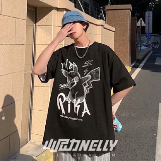 3 Color【M-5XL】Han Feng Fashion Casual Trendy Brand Half Sleeve T-shirt Personality Cartoon Anime Pattern Printing Five-point Sleeve T-shirt Oversized Loose Comfortable Short Sleeve T-shirt