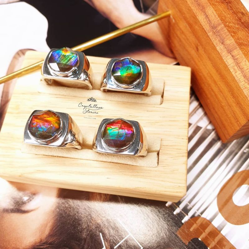 พลอย Ammolite David Star 925 Silver Guy แหวน 12 มม. 天然彩大卫星男款纯银 925 แหวน